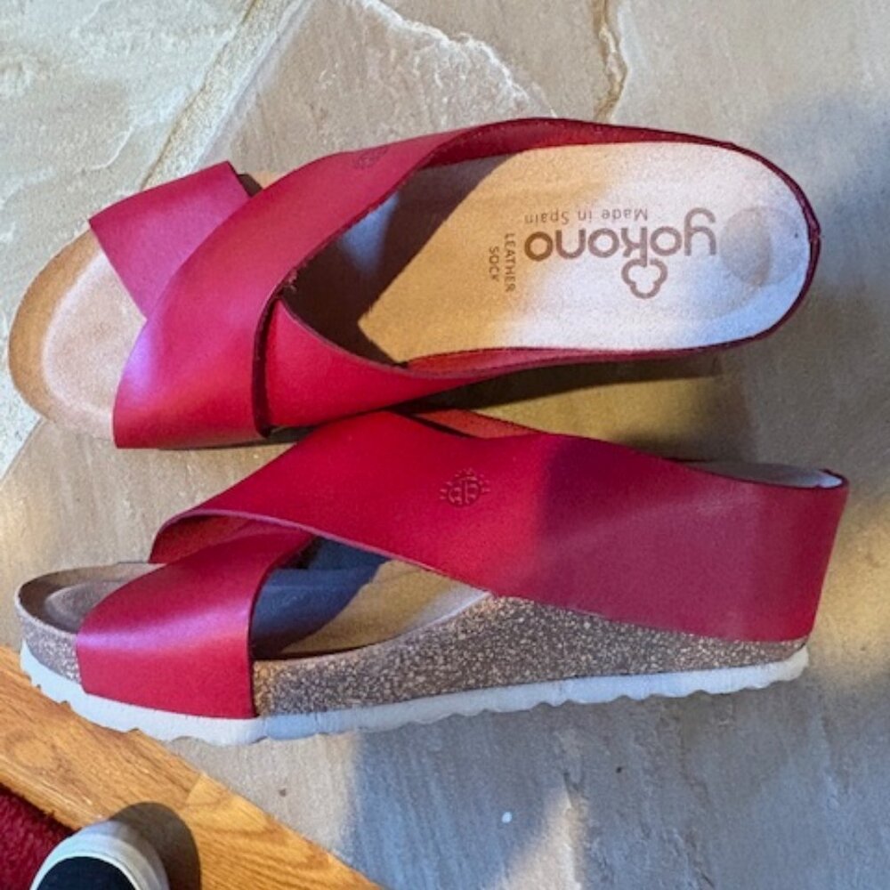 New Yokono Candela Red Leather Cork Wedge Slide Sandals Made in Spain Size 9.5